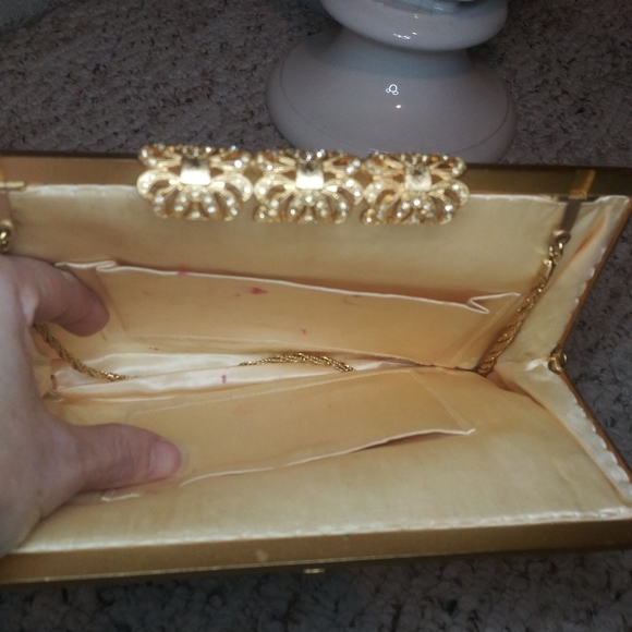 Vintage Jeweled Clasp Green Floral Brocade Convertible Chain Strap Clutch Purse - Picture 11 of 15